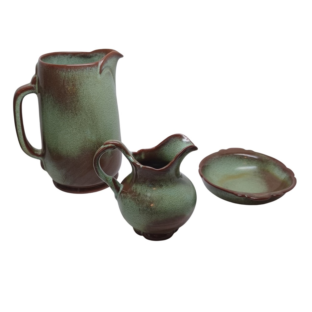 Frankoma Pottery Prairie Green Pitcher Creamer Bowl Set Red Clay 40A 40B MCM